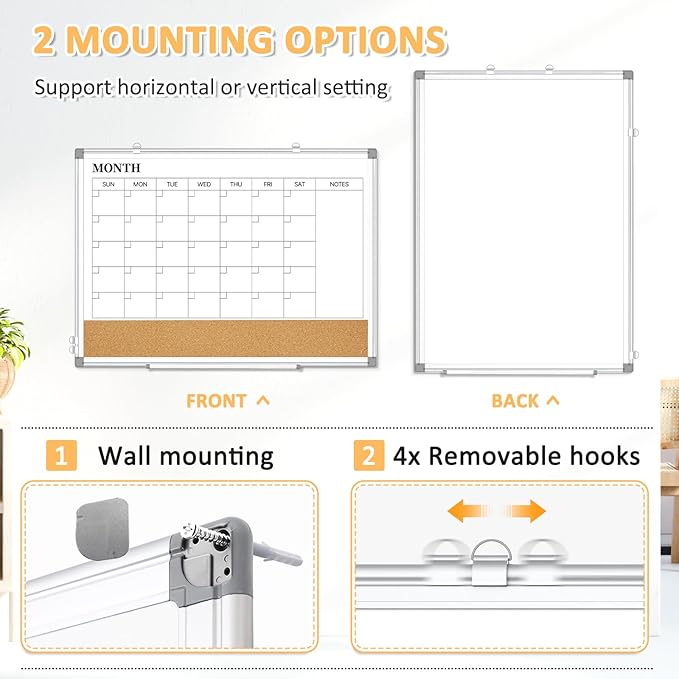 Large Dry Erase Calendar for Wall, 36"x24" Double-Sided Magnetic Whiteboard Calendar with Cork Board, Aluminum Frame Monthly White Board Memo Message Board for Office, Home, School, Kitchen