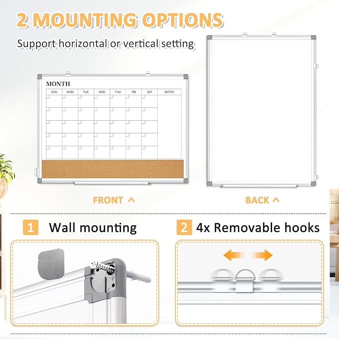 Large Dry Erase Calendar for Wall, 36"x24" Double-Sided Magnetic Whiteboard Calendar with Cork Board, Aluminum Frame Monthly White Board Memo Message Board for Office, Home, School, Kitchen