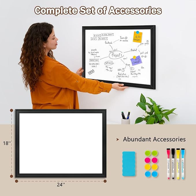 DOLLAR BOSS Magnetic Whiteboard for Wall 24" x 18" Vintage Wood Framed White Board Decorative Dry Erase Board for Home Office Shop Decor Display with 4 Markers, 8 Magnets, 1 Eraser, Black