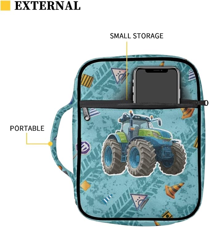 Coldinair Cool Tractor Bible Covers Bag for Kids Teen,Cool Carrying Book Case Church Bag Bible Holder with Handle and Zippered Pocket,Blue