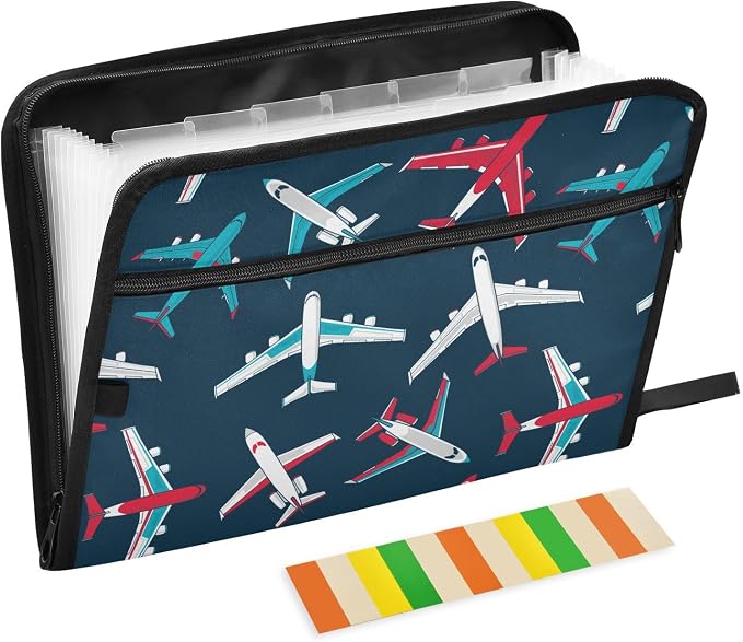 Airplanes Dark Blue File Folders,Plastic Folders with 13 Pockets,Expandable File Folder for Documents School Students Office,Aesthetic Folder with Labels A4 Letter Size