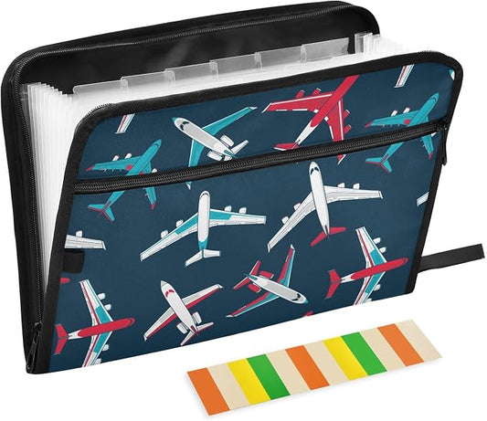 Airplanes Dark Blue File Folders,Plastic Folders with 13 Pockets,Expandable File Folder for Documents School Students Office,Aesthetic Folder with Labels A4 Letter Size