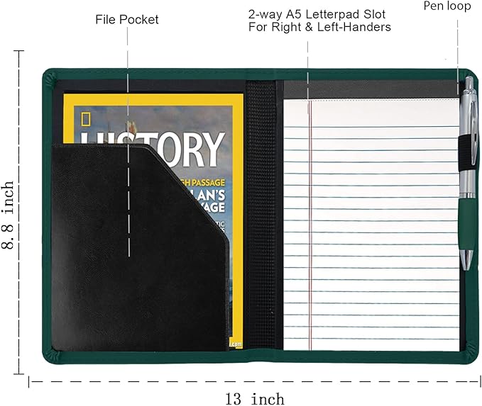 Padfolio/Portfolio Binder, Mini Padfolio Portfolio Binder 5 x 8 Legal Writing Pad, A5 Document Organizer Folder for Men Women, Dark Green.