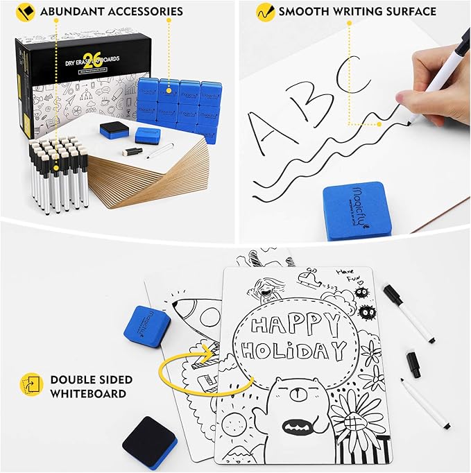 Magicfly Small White Boards, Dry Erase Board Pack of 26, Mini Whiteboards 9x12 Inches Double-Sided White Boards Lapboards for Students Classroom Teachers School Supplies with 32 Pens and 26 Erasers