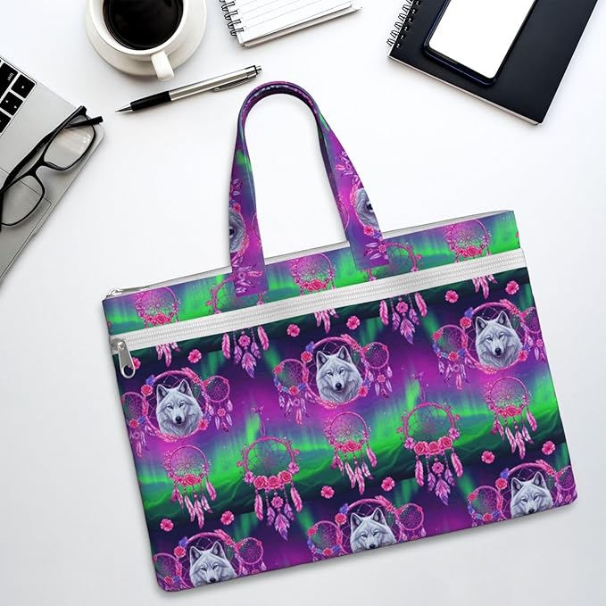 Canvas Fabric Document Briefcase Flower Dream Catcher Boho Wolf, Zipper File Organizer with Handle for Paper Files and Books