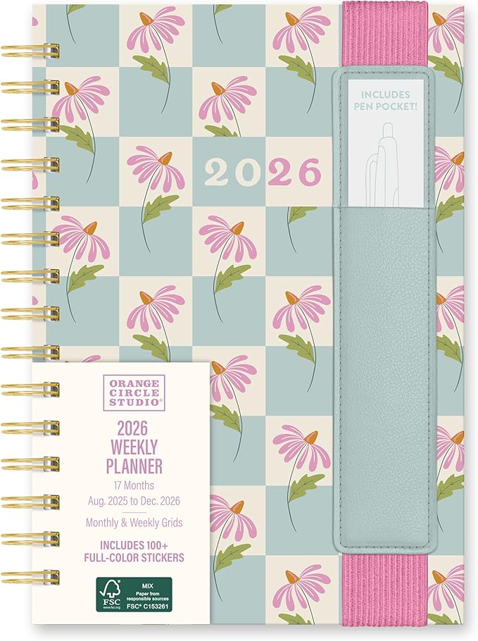Orange Circle Studio Academic Planner 2026, Coneflower, 17-Month Oliver Planners, Wire-O Bound Monthly Calendar Book, Appointment, Goal & Budget Trackers, Includes 100 Full Color Stickers