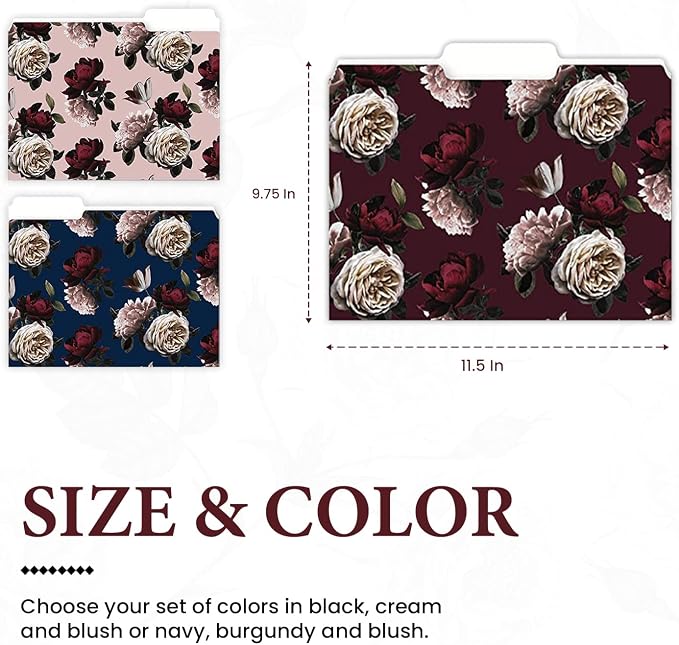 9 Decorative File Folders for Women – Navy Moody Flowers Cute Design - Colored File Folder Letter Size 1/3 Cut Tabs - Office Supplies Organizers - 9.75" x 11.5"
