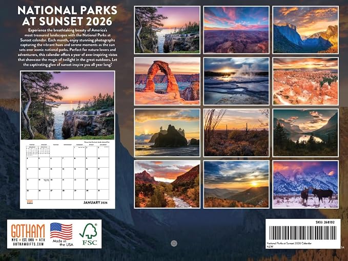National Park Calendar 2026 Parks At Sunset Monthly Wall Calender Nature 12 Month | American Made In The USA