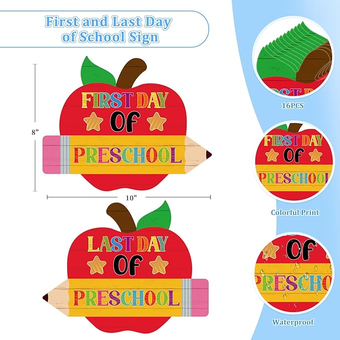 WaaHome First Day of School Chalkboard Sign - 8''x10'' First and Last Day of Preschool Kindergarten 1st Grade Sign Back to School Photo Prop Signs 15 Grades Supplies for Kids Girls Boys, Reusable