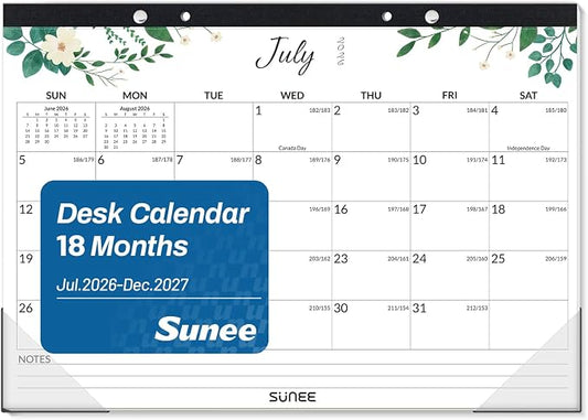 SUNEE Desk Calendar 2026-2027 17" x 12", 18 Month Calendar Jul. 2026 - Dec. 2027, Calendar 2026-2027 With Notes, for Planning, Organizing in Family, School or Office - Greenery