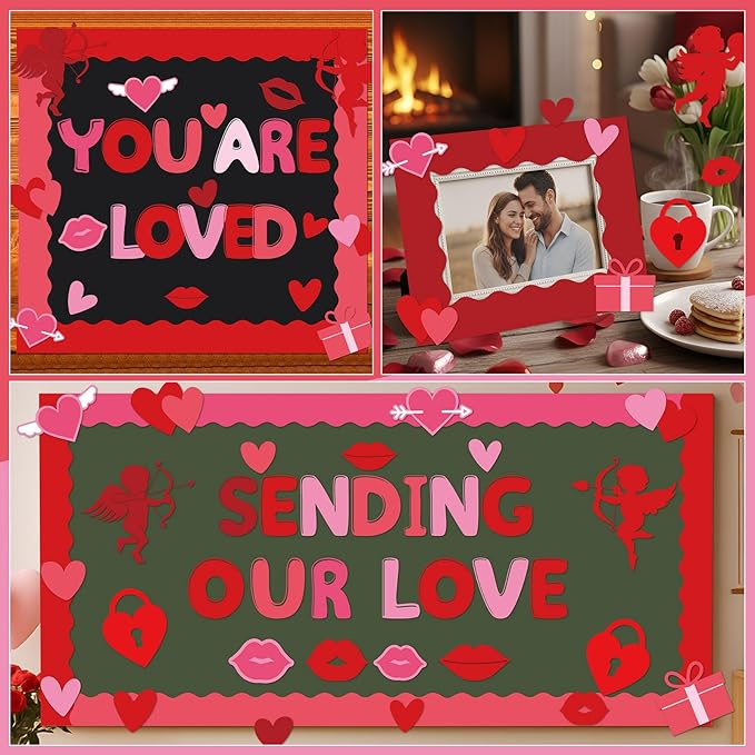 Kosiz Valentine's Day Bulletin Board Decoration Set 118 ft Scalloped Large Bulletin Board Borders Classroom Poster Border Trim with 257 Pcs Letter Number Symbol Cutout for School Decor