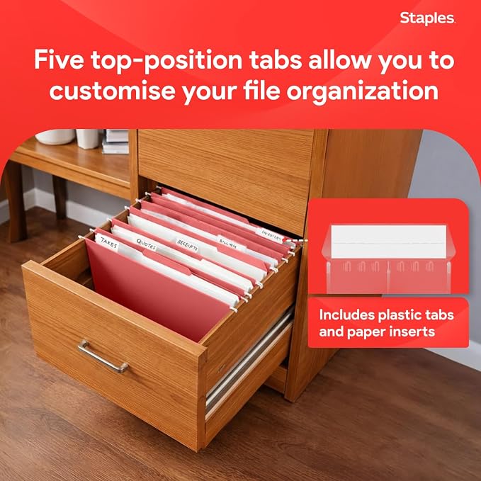 Staples Hanging File Folders, Letter Size, Red, 1/5‑Cut Tabs, Tear‑Resistant Durable Construction – 25/Pack