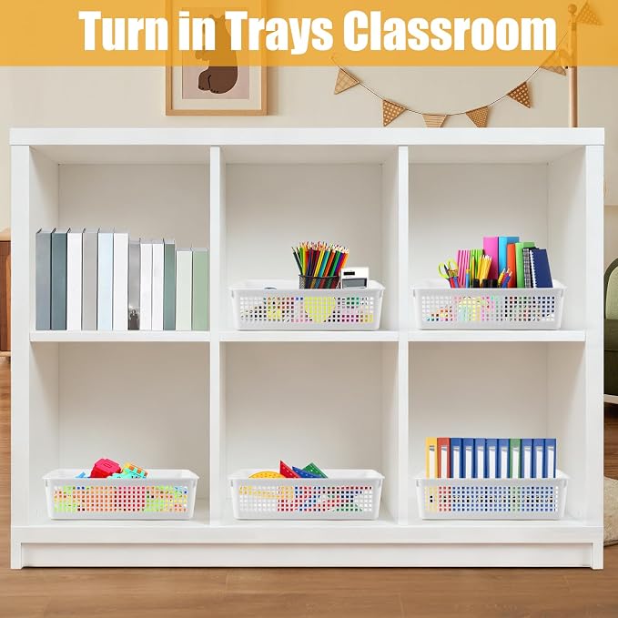 6 Pack Turn in Trays Classroom,Paper Trays for Classroom,A4 Size Plastic Paper Storage Tray,Plastic Storage Baskets for Library,Drawers,Office,Home, Kitchen, Bathroom(White)