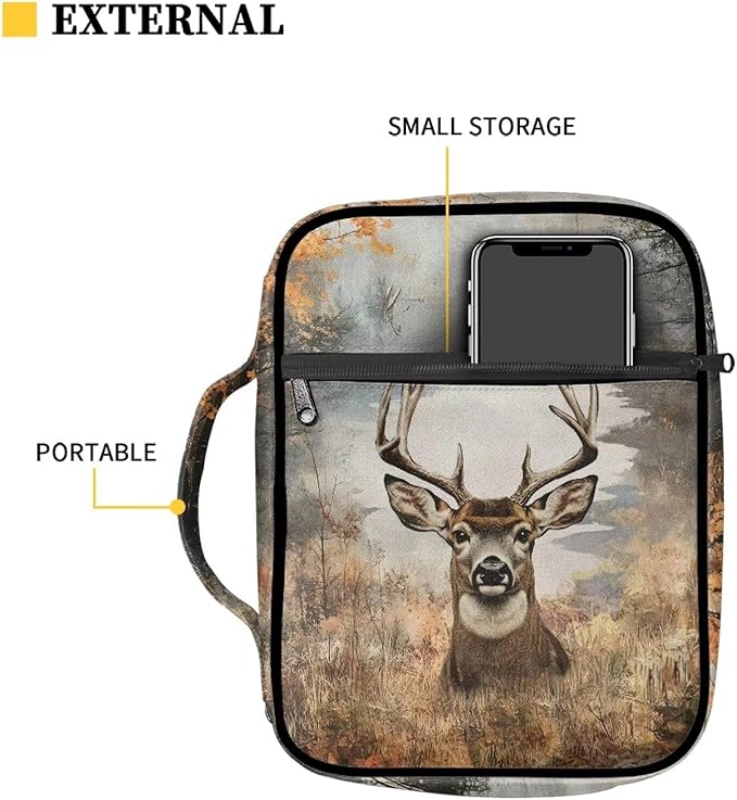 Suobstales Deer Forest Camo Print Bible Cover Carrying Book Case for Women Men Lightweight Bible Bag Bible Protective with Handle and Zippered Pocket