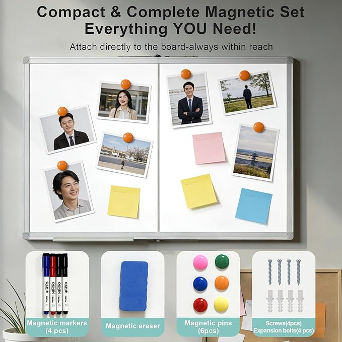 Dry Erase White Board 48 X 36 Inch, Wall-Mounted Silver Aluminum Frame Marker Presentation Board, 4' X 3' Foldable Portable Whiteboard with Pen Tray for School, Classroom, Office & Home