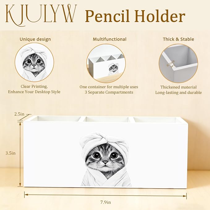 Cat Toothbrush holder Gifts，Cat Pen Holder for Desk, Funny Bathrobe Kitty Wooden Box Toothbrush Organizer for Bathroom Powder Room Desk Accessories