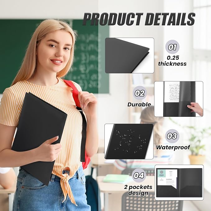 Gueevin 100 Pack Plastic Folder with Pockets, 2 Pocket Folders, Plastic Glossy Folders Fit Letter Size Paper, Heavy Duty Durable File Folder with Business Card for Home Office School (Black)