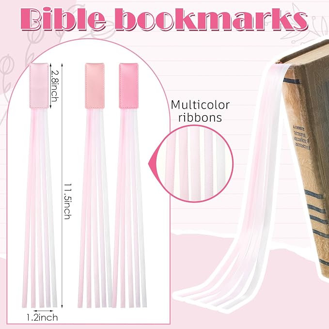 Outus 3 Pieces Bible Ribbon Bookmark Markers Artificial Leather Bookmark with Ribbons for Books Office(Stylish,Pink)