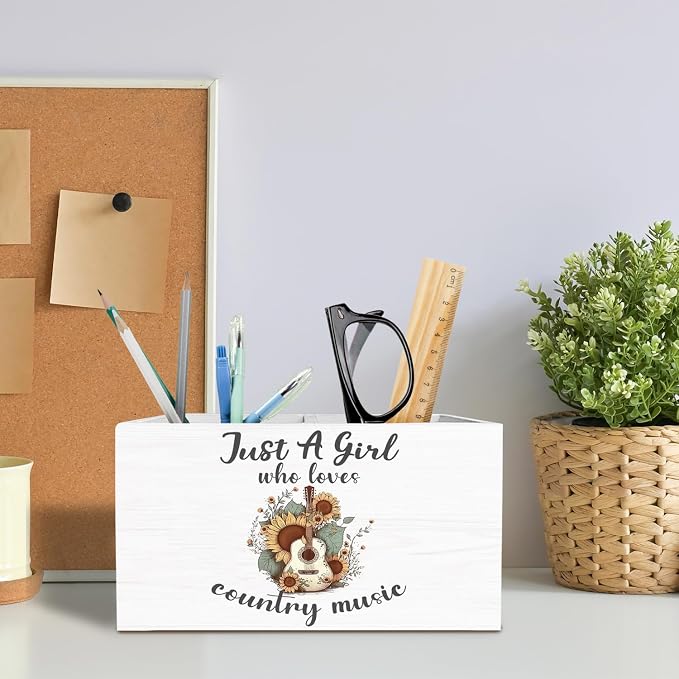 Western Cowgirl Pen Holder for Desk, Country Western Gifts Pencil Organizer, Just a Girl Who Loves Country Music Wooden Box Sign Desk Decor for Home Office Decoration