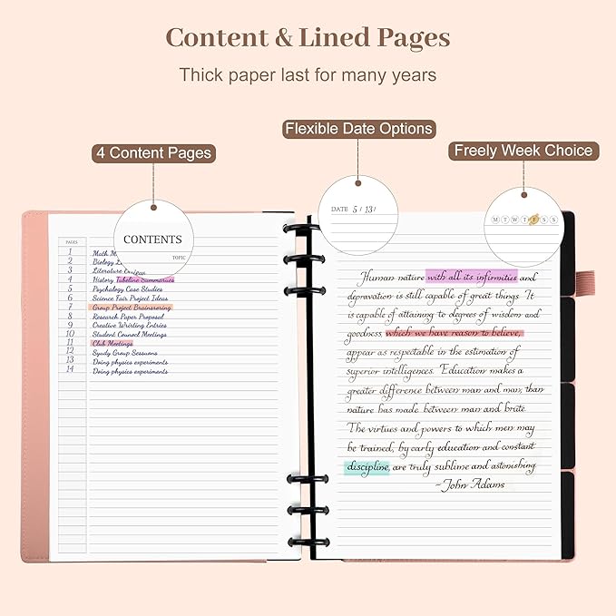Yoment Refillable Notebooks for Work 5 Subject with Removable Dividers Tabs 240 Pages Hardcover Leather Journals for Writing Large Discbound Planner Colleged Ruled Paper for Women Men 8.58 x 11,Pink