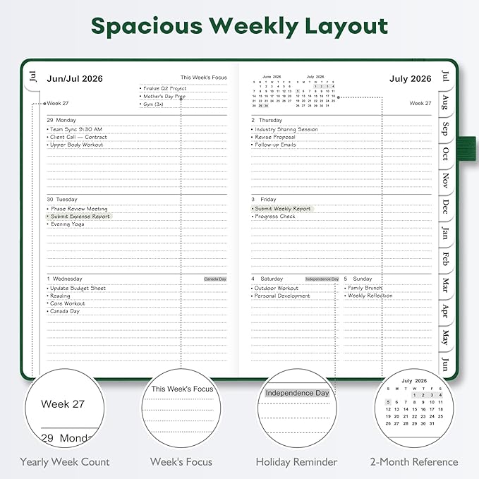 OMEYA Leather Academic Planner 2026-2027: A5 Green Business Weekly & Monthly Planner for Work, July 2026 – June 2027, 100gsm Thick Paper, Durable Stitched Binding, Tabs, Pen Loop, Pocket