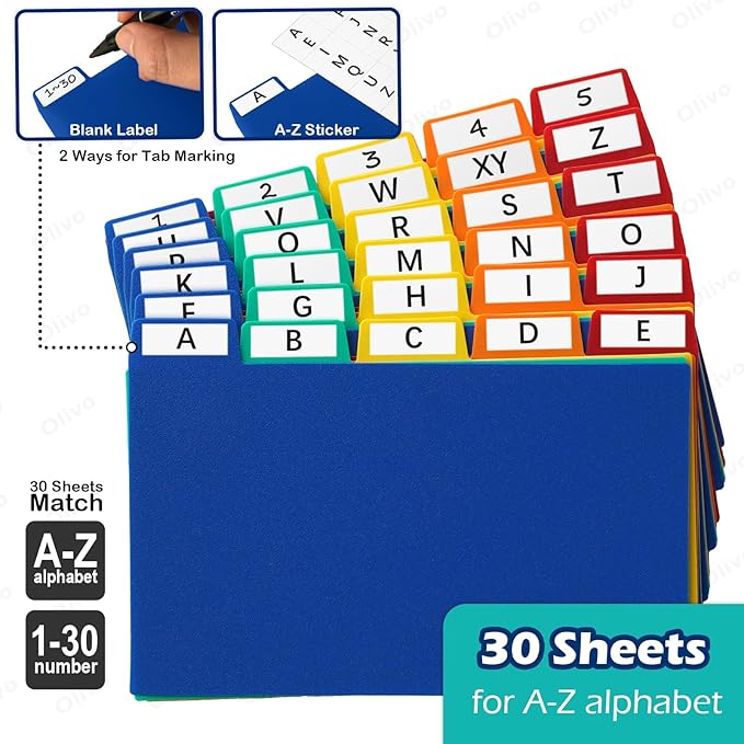 Olivo Index Card Dividers Tabs 4x6 Poly Plastic Card File Guides 4" x 6", Colored, 30 Pack