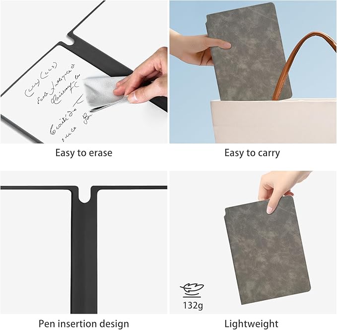 SAYEEC Whiteboard Notebook, Portable Dry Erase Board Fineliner Pens, PU Cover Erasable Handheld White Board Reusable Drawing Notebook Easel Pad for Meeting Business Office School (Gray)