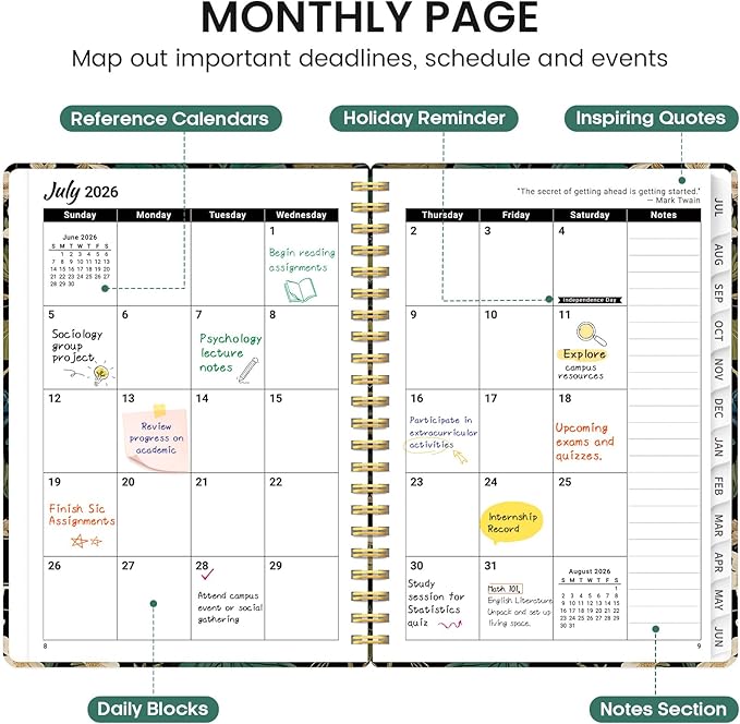 Planner 2026-2027, Academic Monthly and Weekly Calendar Planner for Women, July 2026 - June 2027, Hardcover Pretty Agenda Planner Book with Tabs, Spiral Daily Organizer for School Office Home Supplies, 8.5" x 11" - Forest Botanica