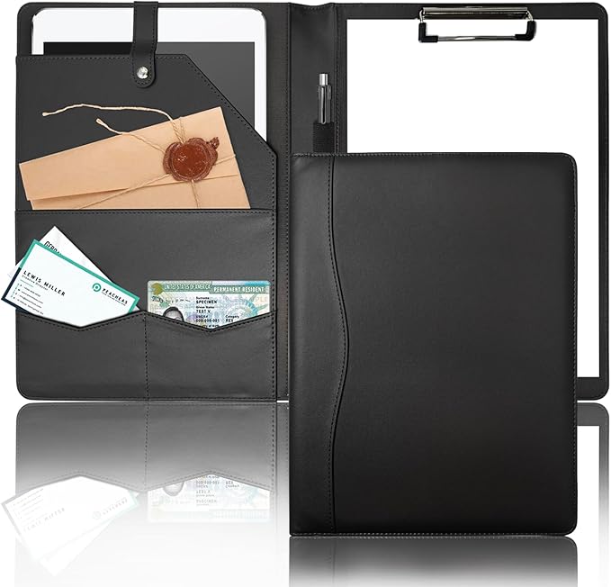 Padfolio Portfolio Binder, Leather Clipboard Folder Briefcase Loose-Leaf Binder with Cover Brown Folder with Pockets Resume Folder for Business School Office Meeting Men Women's Business (A4, Black)