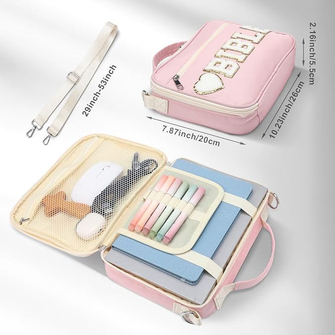 Silkfly Pink Bible Cover Case Preppy Large Chenille Letter Church Bag with Shoulder Strap Handle Back to School Gifts Waterproof Christian Tote Bag for Women Teacher Bible Accessories
