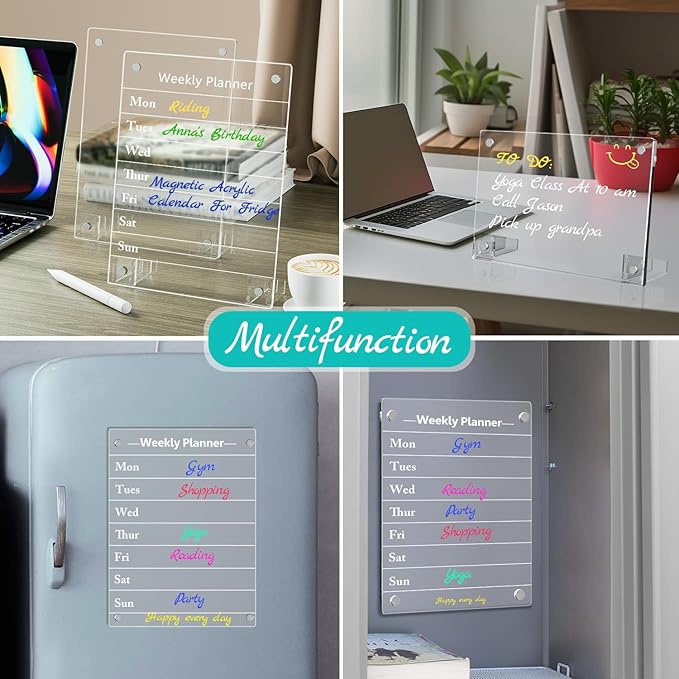 2PCS Clear Acrylic Weekly Dry Erase Board Desktop, 8x6 Small Magnetic Whiteboard with Stand for Table Calendar Memo Board for Fridge, Office, School, Home