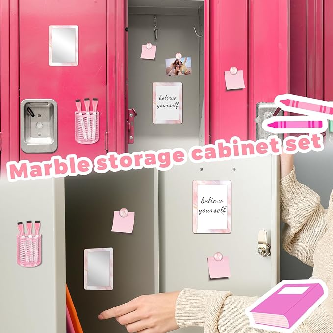 Denylo pro Pink Magnetic Locker Marble Theme Accessories Kit Include Back to School Essentials for Back to School Decorations Office Supplies