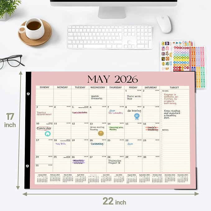 Forvencer Desk Calendar 2026-2027, 20 Months Calendar Runs from May 2026 to December 2027, 22" x 17" Large 2026 Desk Calendar Monthly Planner with Plastic Cover for Home School Office, Pink