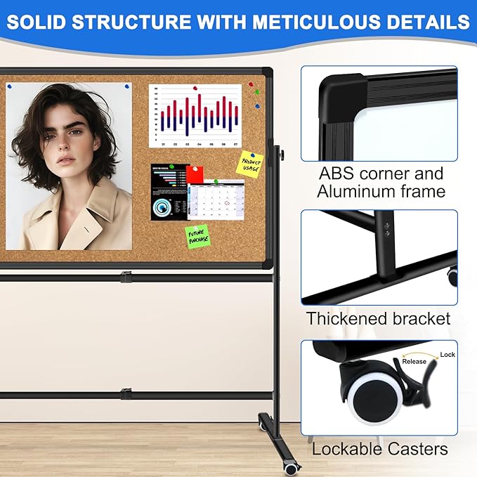 Max-officoo 40"x30" Double Sided Moblie Magnetic Dry Erase Board on Rolling Wheels, Height Adjustable & Angle Corkboard and Whiteboard with Stand