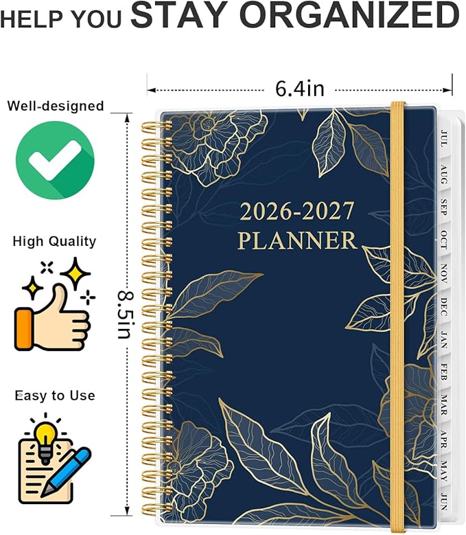 Academic Planner 2026-2027 - Weekly & Monthly Planner from July 2026 to June 2027, Agenda 2026 2027 with Inner Pocket, Elastic Band, 6.4" x 8.5", Blue Gold Leaf