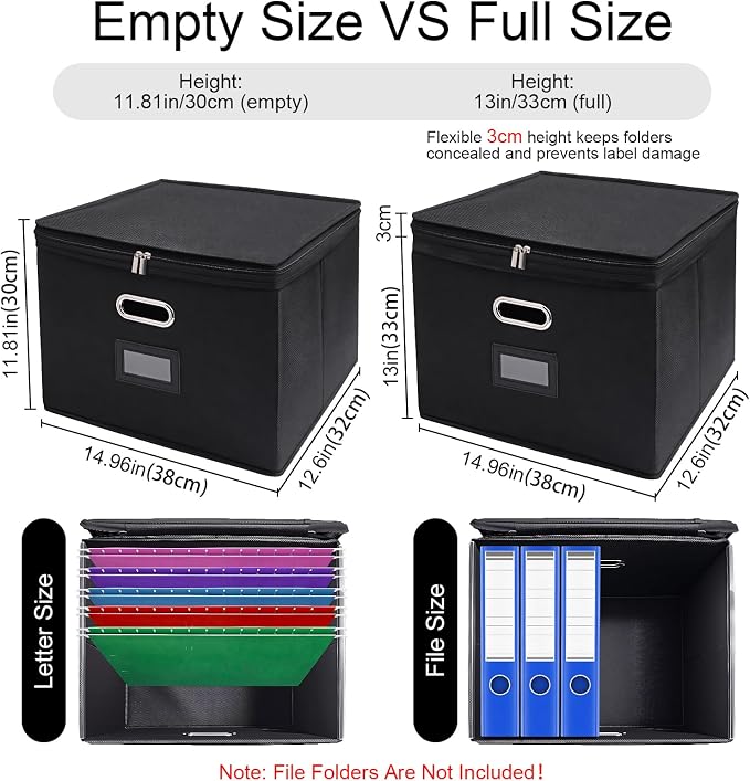 4 Pack File Organizer Boxes with Lids, Collapsible Document Storage Bin with Mesh Pockets & Zipper, Fits Letter/Legal Size Folders for Home Office Moving Classroom Organization (Black, No Folders)