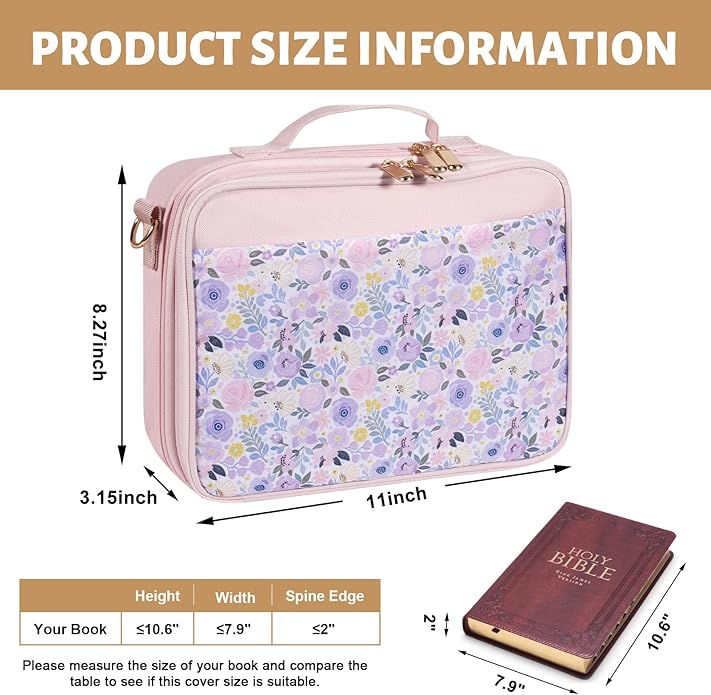 Bible Bag for Girls with 2 Separate Compartments, 600D Oxford Durable case, Fits up to 10.6” Bible, Floral Gift | Two Compartments