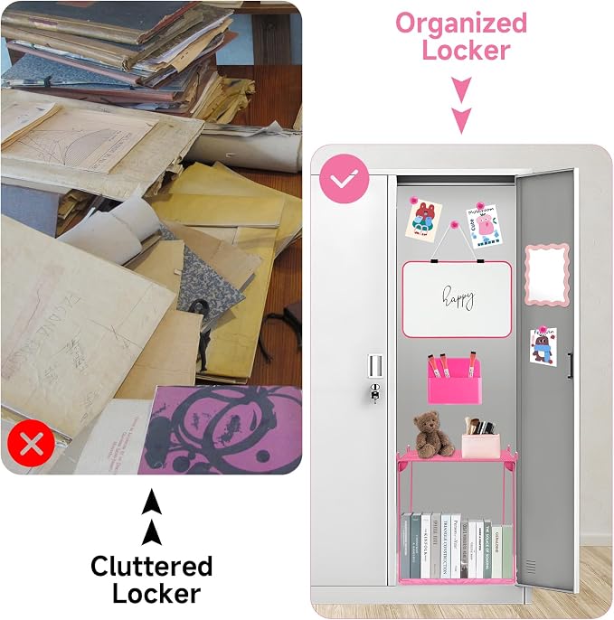 12 Pcs Locker Organizer and Decorating Kit, First Day of School Essentials Marble Print board with Markers Locker Shelf Plush Area Rug String Light Mirror Magnetic Cup and Magnet (Rose Red)