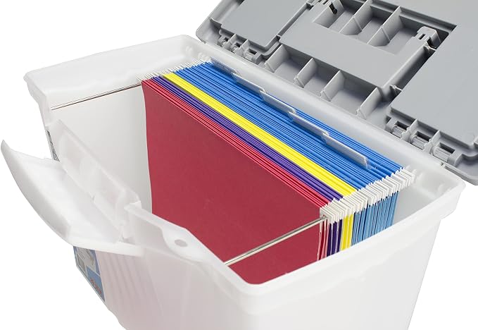 Storex Portable File Box with Organizer Lid, 17.13 x 9.63 x 11 Inches, Frosted/Silver (61511A01C)