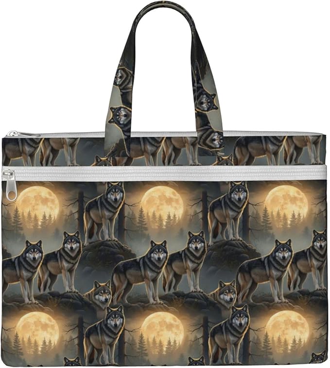Double Pocket Canvas Zipper Pouch File Bag Full Moon Wild Wolf Art, Waterproof Document Briefcase with Handle for Travel Office