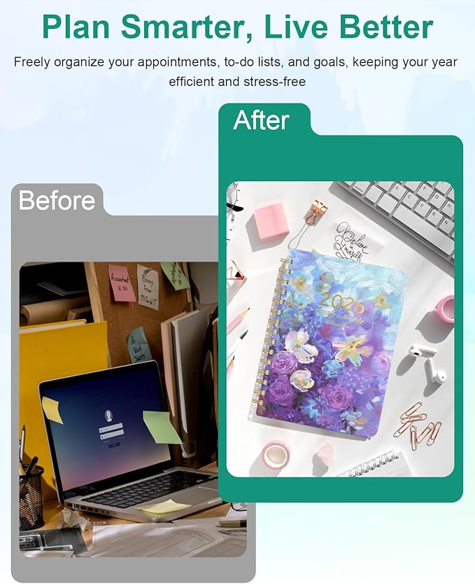 2026 Weekly and Monthly Planner - 2026 Hardcover Calendar Planner, Jan. 2026 - Dec. 2026, Daily Agenda Book with Tabs, Twin-Wire Binding, Back Pocket, School Teacher Student Supplies, A5(6.3" x 8.5") (Flower)