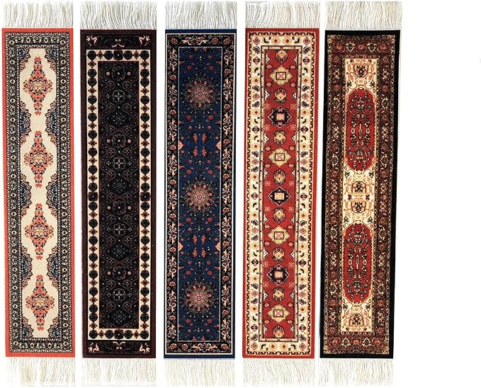 Set of 5 Rug Bookmarks, Colorful Carpet Book Marks for Reading, Miniature Oriental Style Design, Novelty Office Accessories