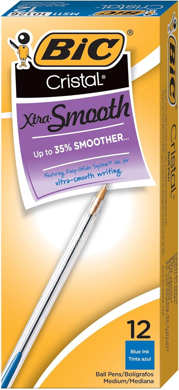 BIC Cristal Xtra Smooth Blue Ballpoint Pens, Medium Point (1.0mm), Extra Smooth and Reliable Ballpoint Pens, 12 Count (Pack of 2)