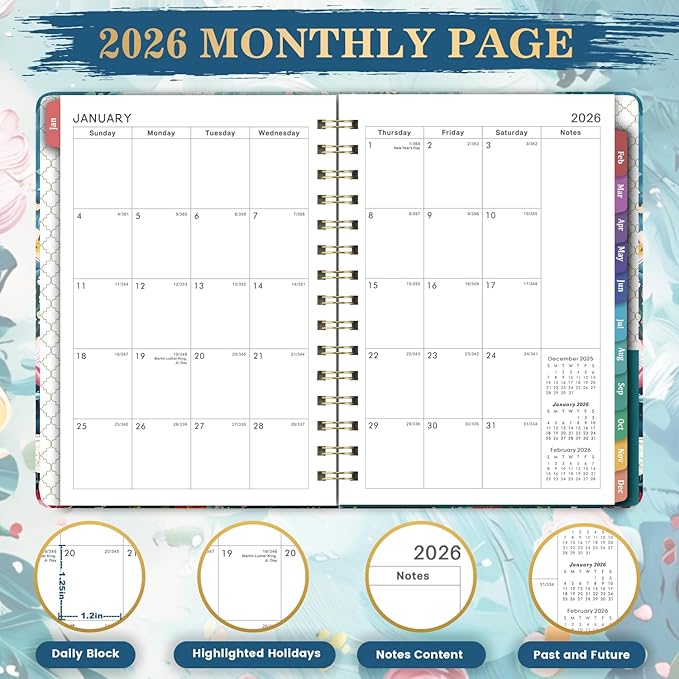 2026 Planner - January 2026 - December 2026, Weekly Monthly Planner 2026 with Colorful Tabs, 6.3" x 8.4", Floral, Twin-Wire Binding