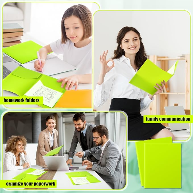 Gueevin 100 Pack Plastic Folder with Pockets, 2 Pocket Folders, Plastic Glossy Folders Fit Letter Size Paper, Heavy Duty Durable File Folder with Business Card for Home Office School (Lime Green)