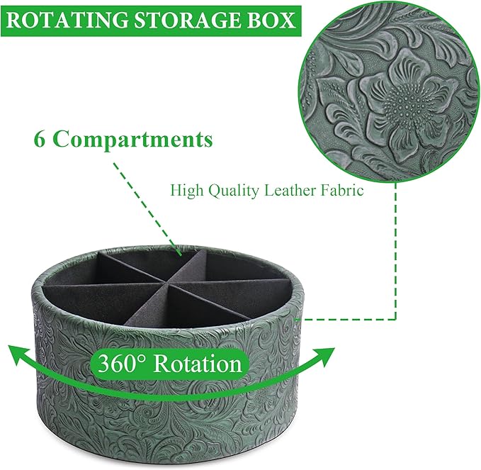 lizimandu Remote Control Holder, 360°Spinning PU Leather Desk TV Remote Caddy,Desk Storage Box Room Accessories for Controller, Media,Mail,Calculator, Mobile Phone,Pencil(1B-Carved3 Green)