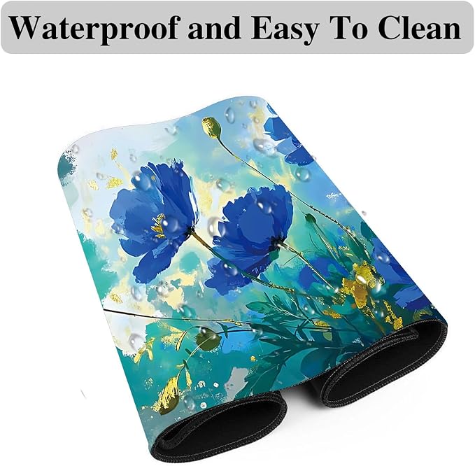 Mouse Pad Gaming Mousepad 31.5x11.8 Inch XXL Large + Coasters,Desk Mat with Stitched Edges, Non-Slip Rubber Base, Thick Mouse Pad for Computer, Laptop, Office & Home - Blue Flower