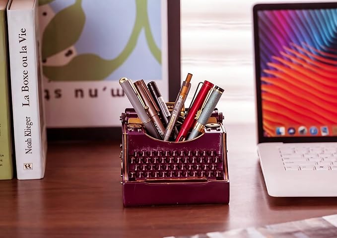 Retro Typewriter Pen Holder Decorative Resin Vintage Pencil Holders Desk Organizer for Writer's Desk (Purple)