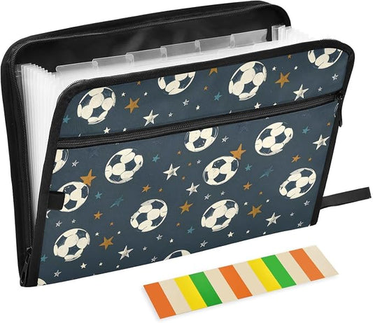 Expanding File Folder Soccer Black Accordion File Organizer 13 Pockets Document Organizer with Zipper Labels A4 Letter Office Storage