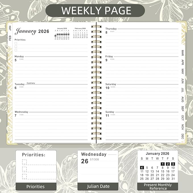 2026 Planner, Jan.2026 - Dec.2026 Planner Weekly and Monthly 6.25"x8.5" with Page Tabs, Calendar Hardcover with Inner Pocket, Elastic Band, Twin-Wire Binding, Bookmark, Gray Butterfly